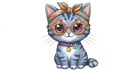 Fototapeta premium Adorable Gray Tabby Kitten with Trendy Bandana and Star-Shaped Glasses A Cute Cartoon Illustration