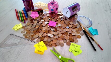 Educational savings concept showcasing coins, piggy bank, stationery representing financial planning for academic expenses and student budgeting - Powered by Adobe