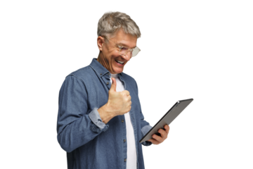 Joyful man expresses excitement while using a tablet in a bright, transparent background