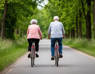 elderly couple riding bicycles in the park.