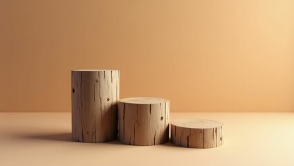 Three Light Brown Wooden Log Slices on Tan Background
