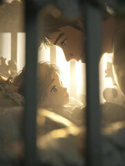 赤ちゃん視点で見た、父親が見守るアニメ風イラスト（ベビーベッドの中から）