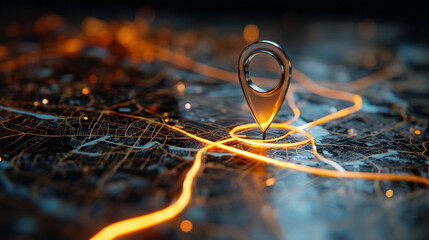 Shiny location pin on a dark map with glowing orange lines indicating routes and city lights visible