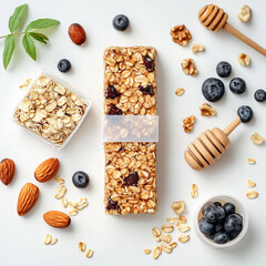 Granola Bar with Nuts and Berries: A delicious granola bar, surrounded by its wholesome ingredients – oats, almonds, blueberries.