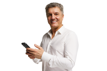 Smiling man interacts with smartphone while showcasing a confident and without a background