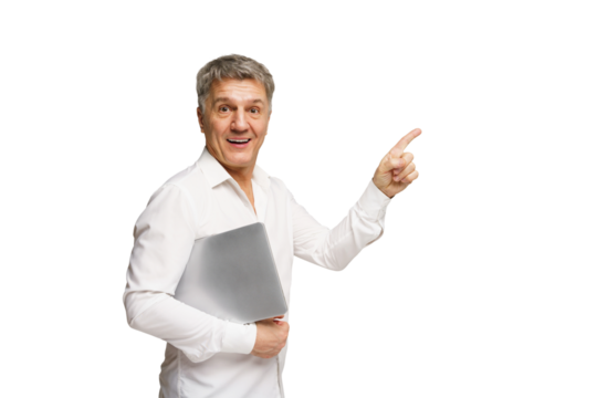 Excited man holding a laptop pointing upwards while sharing innovative ideas in a bright, without a background