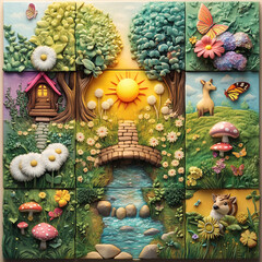 Whimsical Garden Mosaic: A captivating mosaic illustration, with intricate details, revealing a dreamy garden scene filled with lush foliage, blooming flowers, and enchanting woodland elements.
