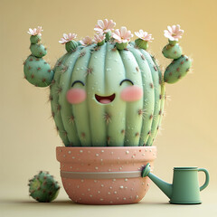 Happy Cactus in Pot: A cheerful cartoon cactus with pink flowers and arms raised in joy sits in a pink pot with a watering can nearby.