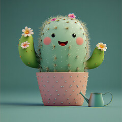 Cactus With Blooming Happiness: A charming illustration of a smiling cactus with flowers blooming. Expressing cheer and positivity, showcasing the joy of nature's beauty in a delightful visual.