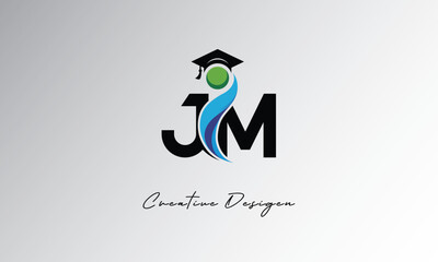 JM Creative Letter Logo with Graduation Cap and Abstract Human – Modern Education and Learning Symbol Design