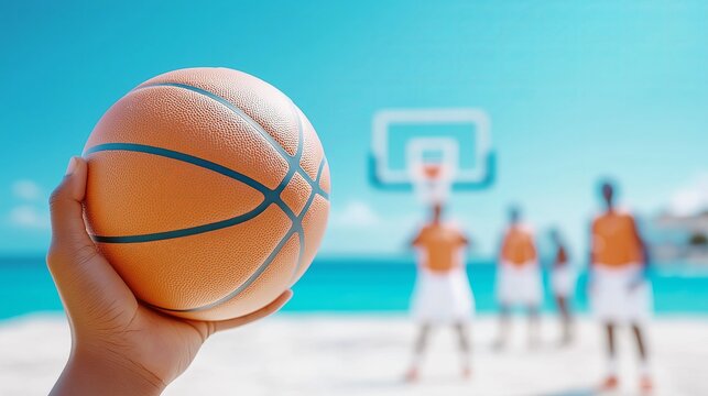 Hand holding basketball on sunny beach court with blurred players in the background