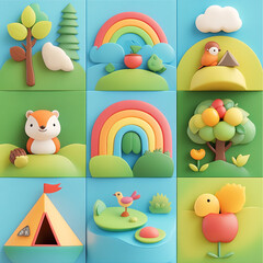 Whimsical World of Shapes: A colorful, childlike composition with adorable nature scenes composed of stylized forms, evoking a sense of playfulness and delight.