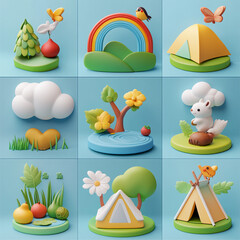 Cute Camping Theme 3D Render: Adorable 3D render of a camping theme featuring cute animals, rainbow, trees, tent, and clouds. Perfect for children's book illustration, website design.