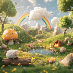 Whimsical Wonderland: A vibrant, fantastical scene unfolds with a rainbow, smiling mushroom, and fluffy sheep nestled in a serene meadow, evoking a sense of magic and wonder.