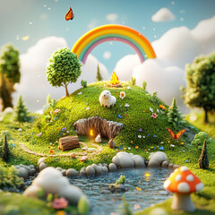 Magical Sheep Hill: A whimsical illustration of a charming sheep nestled in a cozy cave on a vibrant green hill, under a rainbow, near a tranquil stream, surrounded by lush flora and fauna.
