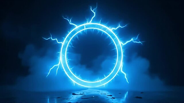 An electric blue circle emits crackling energy and mysterious fog in a dark, fantastical scene, perfect for abstract designs.