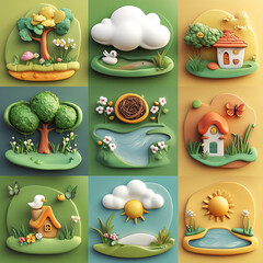 Whimsical Clay Landscape Collage: Nine charming clay illustrations capture idyllic outdoor scenes, showcasing trees, houses, clouds, and ponds in a vibrant, artistic composition.