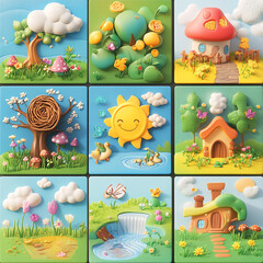 Whimsical Landscape: A collection of nine whimsical, stylized illustrations depicting charming, idyllic scenes of nature, each featuring playful elements, a sense of fantasy, and bright.