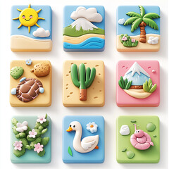 Whimsical Tiles of Paradise: A collection of playful, colorful tiles showcasing sunny skies, tropical scenes, and charming creatures in a delightful illustrative style. 