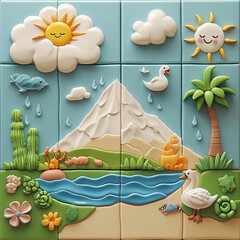Enchanting Tile Landscape: A whimsical landscape unfolds across a grid of tiles, showcasing a vibrant scene with a smiling sun, fluffy clouds, playful rain, serene lake, majestic mountain, lush trees.