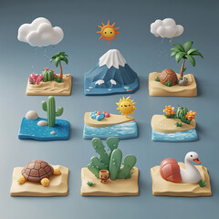 Miniature Paradise: Charming stylized illustrations of tropical and desert landscapes are artistically arranged against a blue backdrop.