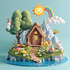 Enchanting Cottage in the Clouds: A charming, detailed cottage nestled amongst a whimsical landscape, complete with playful bunnies, a smiling sun, and a vibrant rainbow, painted in pastel hues.
