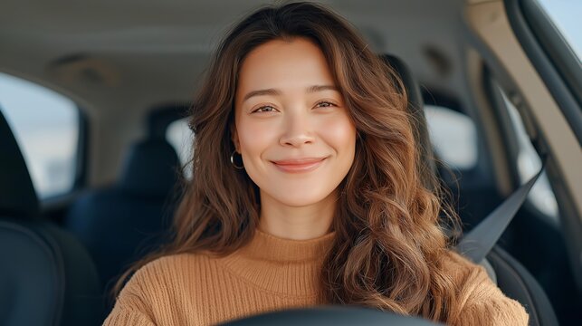 Portrait of a smiling young woman in the driver’s seat of a car, exuding warmth and confidence, advertising or editorial automotive use