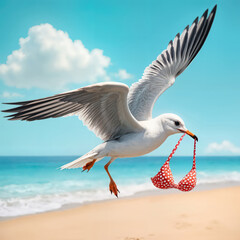 Obraz premium A seagull flies gracefully over a sandy beach, clutching a red polka dot bikini top in its beak 