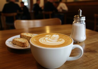 Latte art in cappuccino coffee cup at cafe table. Ai generate, Ai generative
