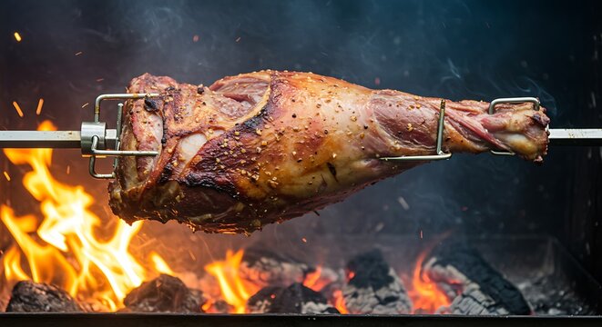 A smoky, highdetail closeup of meat on a barbeque spit, slowly rotating over red hot coals, flames flickering below, rustic and appetizing,  - Powered by Adobe