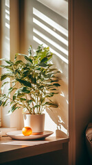 Indoor plant and orange fruit sit on a windowsill bathed in the light from window blinds casting shadows