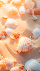 Close up shot of several seashells scattered on a sandy beach with a warm color palette overall