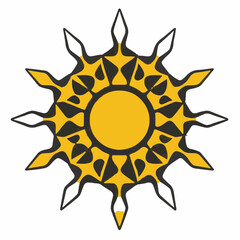 A decorative, abstract sun icon with a yellow center and intricate black and yellow rays outlined in white, suggesting warmth and complexity.