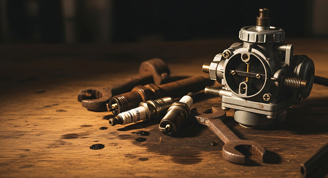 Vintage Motorcycle Carburetor and Spark Plugs A Mechanic's Workshop Still Life