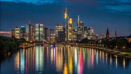 Obraz premium Night City Skyline with Skyscrapers and Colorful Reflections on River Water