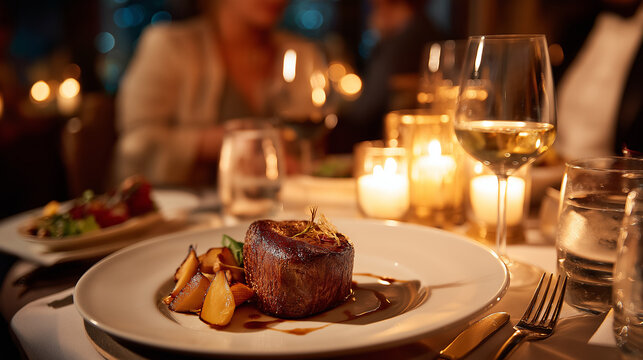a coupe are eating Filet Mignon at the luxury hotel restaurant on the table are candle night 
