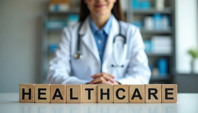 Healthcare Professional: "HEALTHCARE" Blocks Before Doctor, Symbolizing Service and Commitment