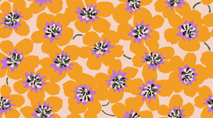 Fototapeta premium Exotic hand drawn flowers, seamless patterns with floral for fabric, textiles, clothing, wallpapers, covers, banners, home decor, abstract backgrounds. Vector illustration.