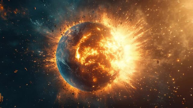 Fiery Planet Explosion in Space Dark Background