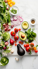 Overhead view of fresh vegetables and fruits arranged on a white marble surface in natural light