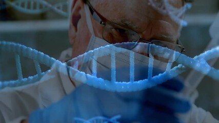 Male scientist aspirating yellow reagent into test tube for DNA analysis as animated helix rotating