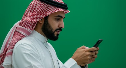 Focused Arab Man Checks His Smartphone Against a Green Screen