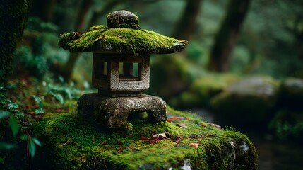 Moss covered stone shrine lantern in a rural forest