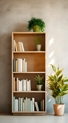 A wooden bookshelf filled with books and potted plants standing against a neutral colored wall space