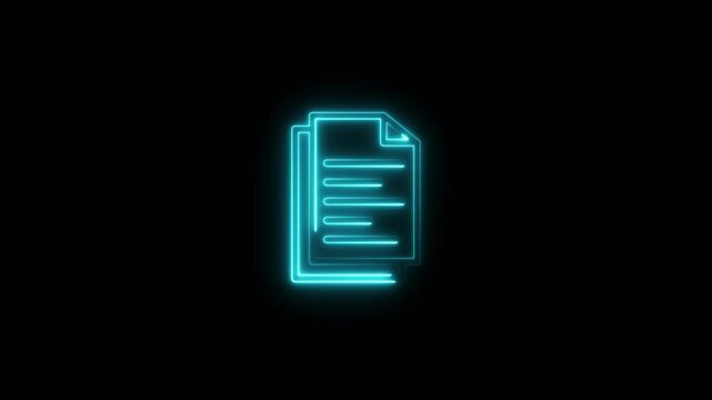 Glowing Neon document icon animation isolated on black background