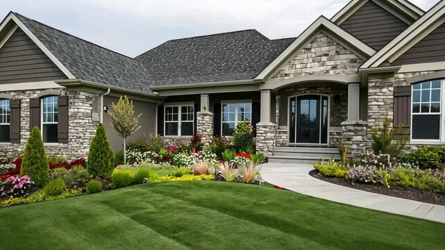 Luxury Ranch Style Home with Stone Exterior and Landscaped Gardens