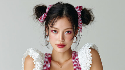 Studio Portrait of Trendy Asian Woman with Glitter Eye Makeup, aegyo sal, and Glossy Raspberry Lips