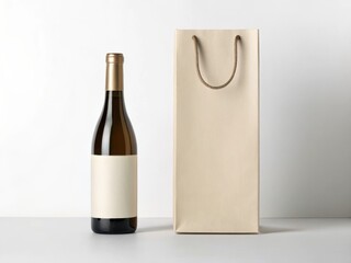 Plakat wine bottle mockup. A wine bottle with a blank label, accompanied by a simple paper bag, set against a neutral background.