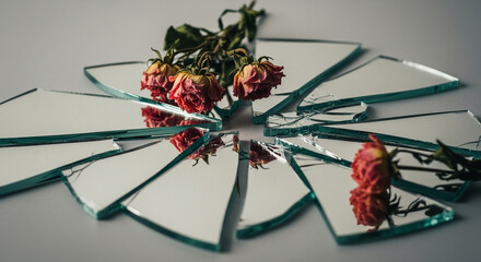 Shattered Reflection Withered Roses on Broken Mirror