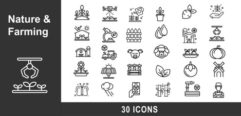 Nature & Farming Icon Set. Containing plants, agriculture, gardening, environment, sustainability, crops, trees, wildlife, conservation, and more.
